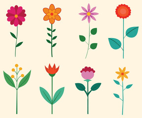 A bunch of different colored wildflowers vector set on a white background, spring blooming flowers collection garden, bundle, abstract cute plant botany