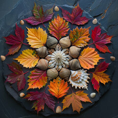 A mandala made entirely of colorful autumn leaves. An intricate mandala design formed by seashells on a sa Job