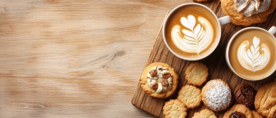 Fototapeta premium Soothing Coffee Break Elegant White Cups with Gold Trim and Cookies on Wooden Board, Cozy Atmosphere of Relaxing Afternoon Indulgence