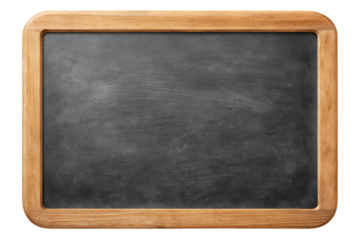 Horizontal chalkboard featuring rounded corners and a wooden frame, ideal for signage, menus, or decoration. It provides a rustic aesthetic. Isolated on transparent background, png.