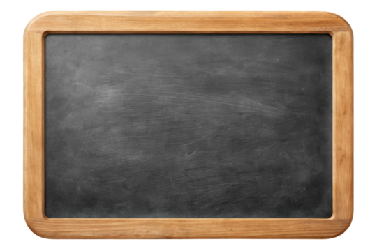Horizontal chalkboard featuring rounded corners and a wooden frame, ideal for signage, menus, or decoration. It provides a rustic aesthetic. Isolated on transparent background, png.