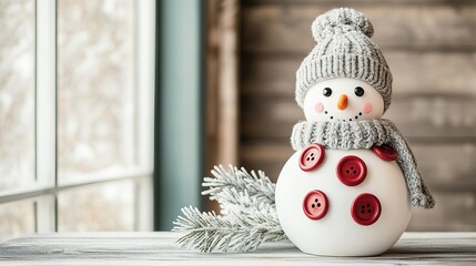 Snowman with oversized buttons and a knitted hat, adding whimsy to a winter day