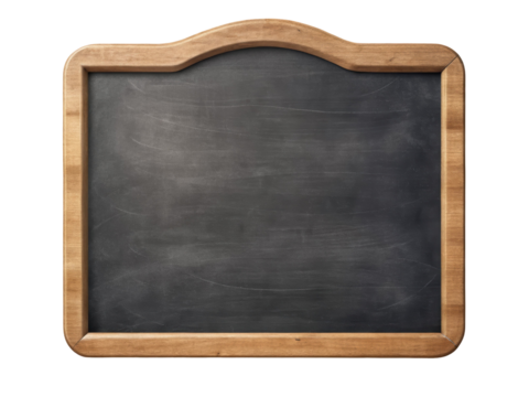 Decorative chalkboard with a curved wooden frame, perfect for menus, announcements, or decorative use. It has a vintage and classic style. Isolated on transparent background, png.