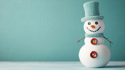 Snowman with oversized buttons and a tiny top hat, quirky winter fun