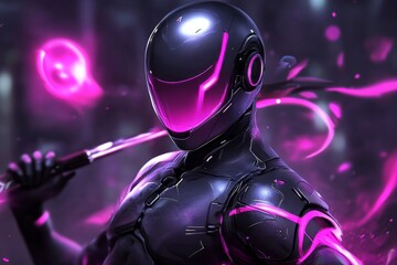 Fototapeta premium Cyberpunk Spartan warrior, wearing neon-lit armor and holding a glowing energy spear, standing in a futuristic city