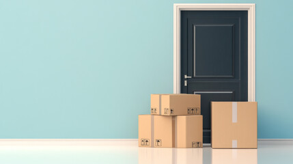 Packages by the door with shadows on the wall, delivery concept, background