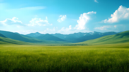 lush green field stretching towards a mountain range under clear blue skies, showcasing open natural beauty and tranquil countryside scenery
