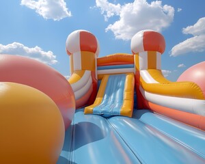 Vibrant Blue Inflatable Bouncy Castle Slide under Sunny Skies - Playful, Joyful Fun for Kids