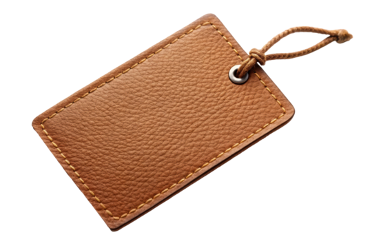 Angled brown leather tag with twine, ideal for branding, luggage identification, or decorative purposes. It has a rustic and premium appearance. Isolated on transparent background, png.