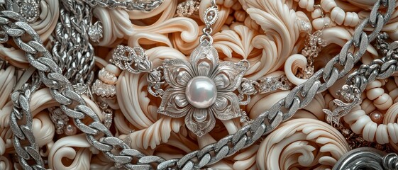 Luxurious Silver Flower Pendant with Pearl in Ornate White Setting, Elegant Jewelry Macro View for Romance and Elegance