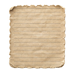 Vintage piece of lined paper with rough, torn edges, featuring a textured, aged appearance suitable for use in designs, scrapbooking, or creative projects. Isolated on transparent background, png.