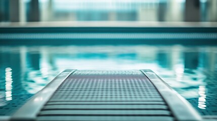 Obraz premium A swimming pool's starting block and grip surface, indoor setting with clear water reflections, Serene style