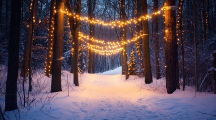 Serene Snowy Forest Path with Illuminated Strings of Lights