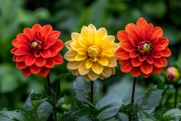 Fototapeta premium Dahlia flowers in a garden, with vibrant orange and yellow petals standing tall against lush green foliage