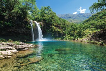 Fototapeta premium Serenity Falls Majestic Waterfall Cascade in Lush Green Landscape, Tranquil Turquoise Pool - Nature's Tranquility and Peaceful Oasis Outdoor Adventure and Relaxation (194 characters)