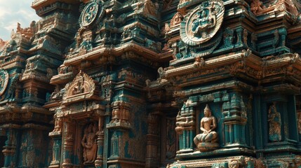 Fototapeta premium A Hindu temple adorned with intricate carvings, detailed with vivid colors and religious symbols.