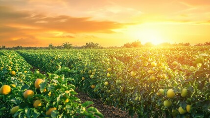 Serene Sunset Over Lush Orchard Landscape