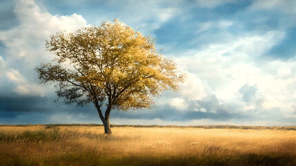 Obraz premium solitary tree in a golden field under a vibrant sky with dramatic clouds, highlighting a peaceful rural landscape and the natural beauty of an open meadow