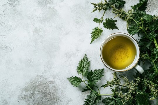 A cup of herbal tea made from fresh nettles against a light backdrop