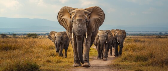Fototapeta premium Majestic Elephant Parade Closeup Encounter with Gentle Giants in African Savanna