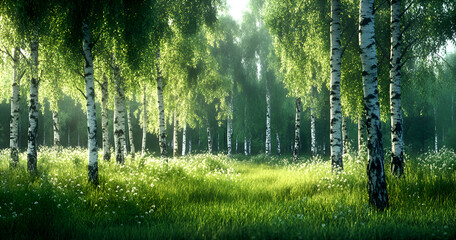 Obraz premium sunlit birch tree forest with lush green grass and wildflowers, creating a tranquil natural landscape with soft shadows and vibrant foliage