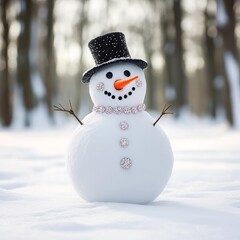 Snowman with sparkling sequin buttons, shimmering in the snow