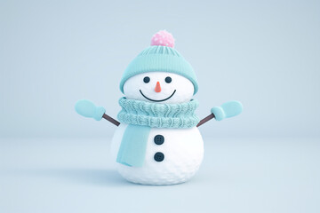 Fototapeta premium A cheerful snowman wearing a light blue knitted hat with a pom-pom, a matching scarf, and mittens. The snowman has a friendly smile, a carrot nose, and stick arms