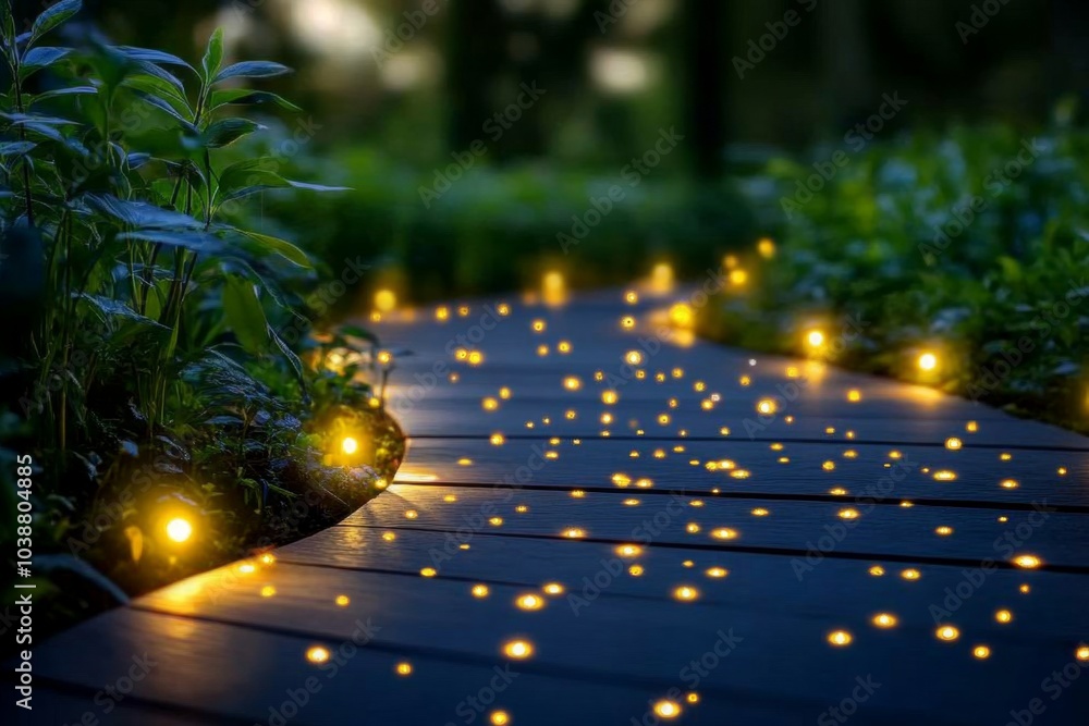 Poster enchanted forest with glowing flowers and sparkling streams, illuminated by soft magical light under