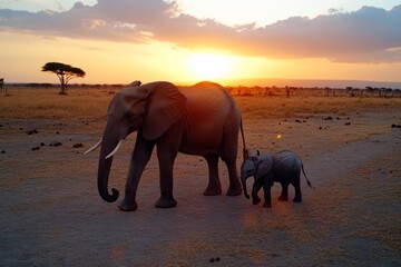 Elephant family walking across the African savanna, with the setting sun casting a golden glow over the landscape