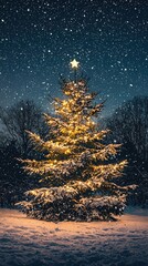 Snowy Christmas Tree with Soft Glow in the Park