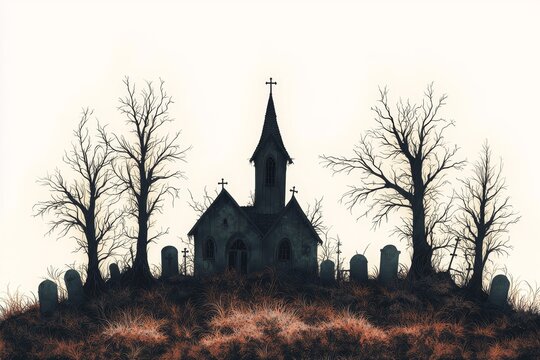 Gothic Churchyard Silhouette Haunting Spire, Lonely Trees, Melancholic Graves - Dark Halloween Scene for Eerie Designs