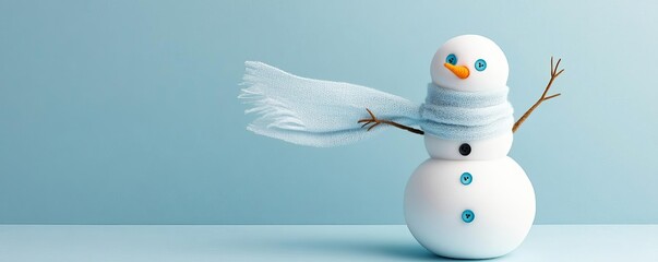 Snowman with tiny button eyes and a scarf blowing in the wind