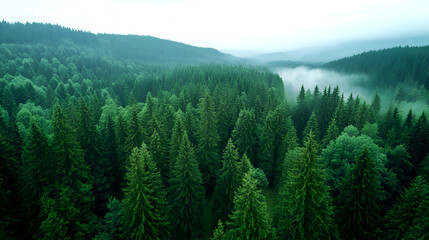Fototapeta premium aerial view of dense green forest covered in morning mist, with layers of pine trees stretching across a serene mountain landscape under soft light
