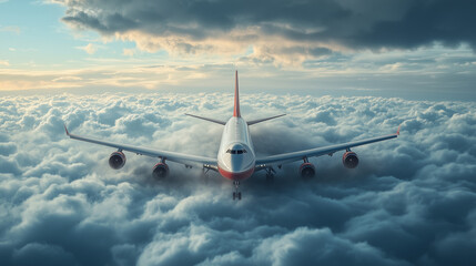 Blue sky background with flying airplane for travel and vacations concepts.