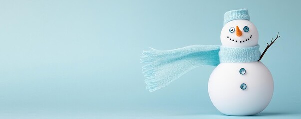 Snowman with tiny button eyes and a scarf blowing in the wind