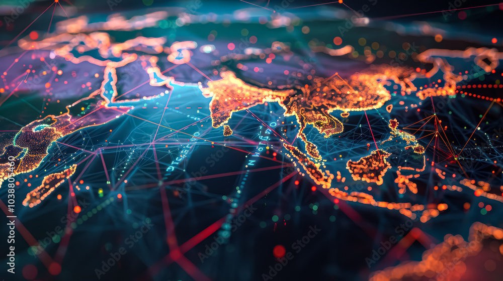 Poster colorful map of the world with many lines and dots. the map is lit up with a variety of colors, givi