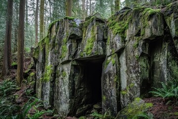 A forest rock wall of sizable irregular stone blocks adorned with green moss and ferns features a small cave in the middle