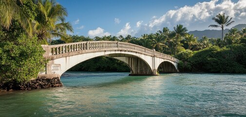 Fototapeta premium Tranquil Tropical Bridge Classic White Arch Amid Lush Greenery and Blue Mountains - Serene Travel Landscape