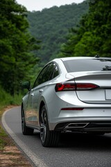 Fototapeta premium Serene Silver Sedan Driving Through Green Forest - Tranquil Automotive Adventure