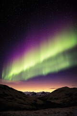 Vibrant Green and Purple Aurora Borealis Over Mountain Range at Dusk - Serene Nature Night Sky Landscape