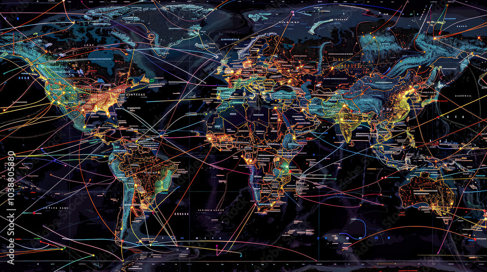 Aufkleber colorful map of the world with many lines and dots. the map is lit up with a variety of colors, givi