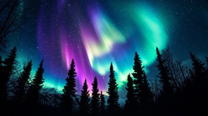 Fototapeta premium Enchanting Aurora Borealis Dance Over Silhouetted Evergreen Forest - Mystical Night Sky with Vibrant Green and Purple Lights, Tranquil and Awe-Inspiring Atmosphere