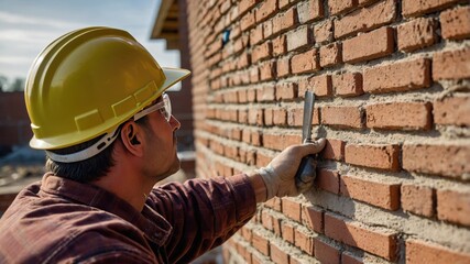 A construction worker stands against a brick wall, showcasing his hardworking spirit in a construction site environment, dressed in work attire and protective gear