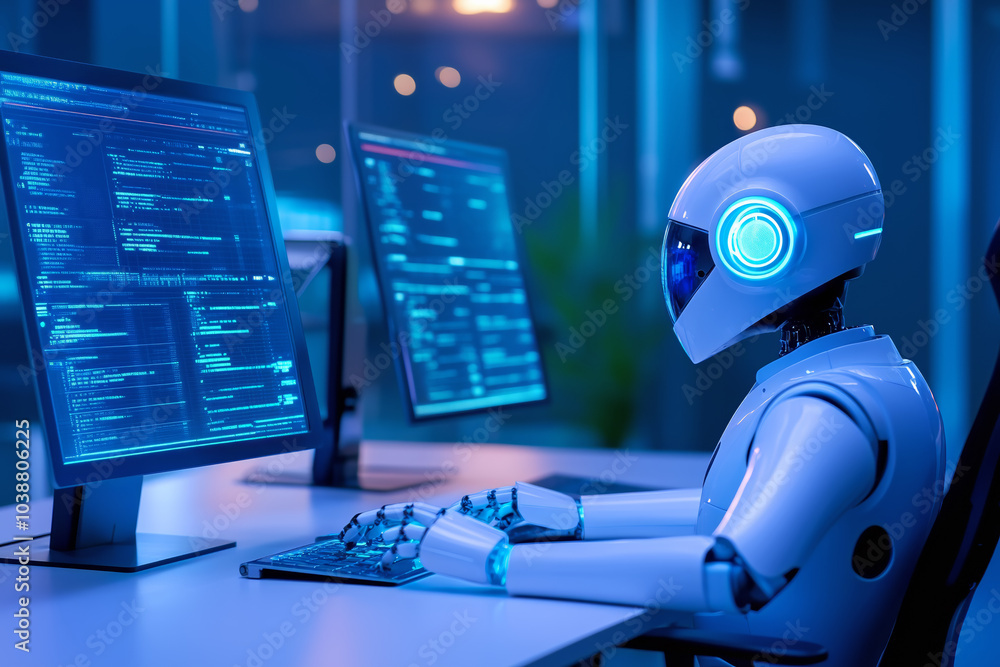 Aufkleber a futuristic robot engaging with dual computer monitors in a high-tech environment at night