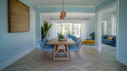 Fototapeta premium Luxurious Dining Room Interior with Wooden Table and Blue Velvet Chairs, Modern Home Decor Concept, Wide-Angle Perspective