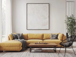 Luxurious Modern Living Room with Yellow Sectional Sofa, Symmetrical Layout, Relaxing Atmosphere - Interior Design Inspiration