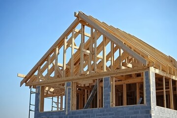 A house being built with a timber truss AAC block walls unfinished window spaces a brick lintel scaffolding and a clear blue sky