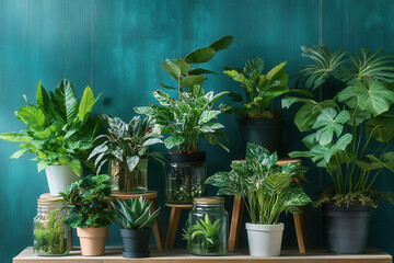 Lush indoor plants arranged on wooden shelf against teal background create vibrant and refreshing atmosphere. variety of greenery adds life and tranquility to space