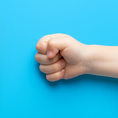 A clenched fist against a bright blue background representing strength and determination
