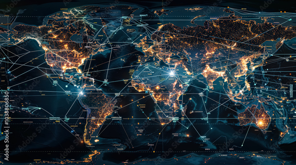 Poster colorful map of the world with many lines and dots. the map is lit up with a variety of colors, givi